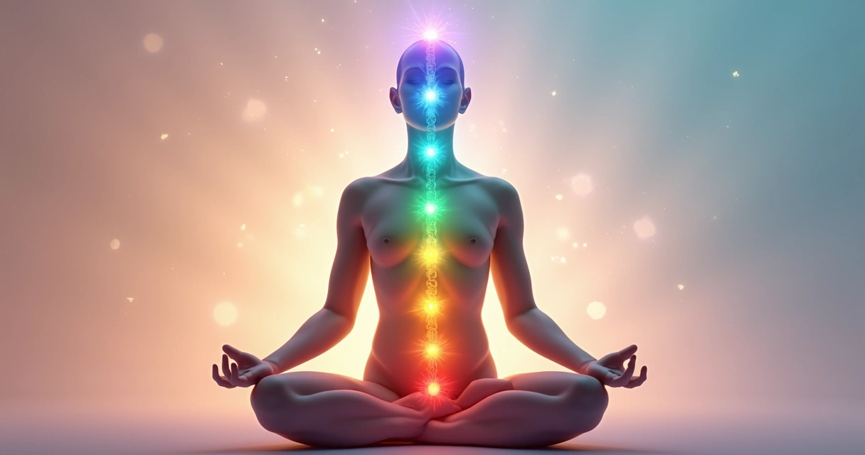 Corpo humano em meditação com chakras alinhados iluminados em cores vibrantes