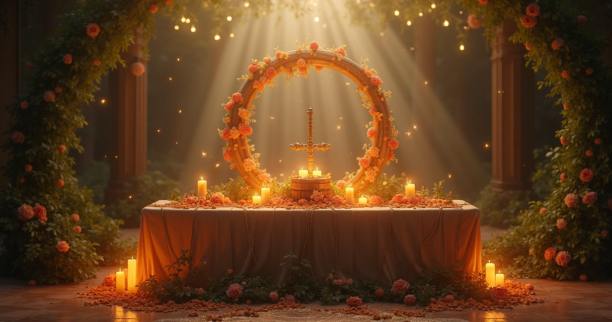 Altar decorado com símbolos da roda do ano, velas acesas, cristais e elementos naturais em ambiente ao ar livre