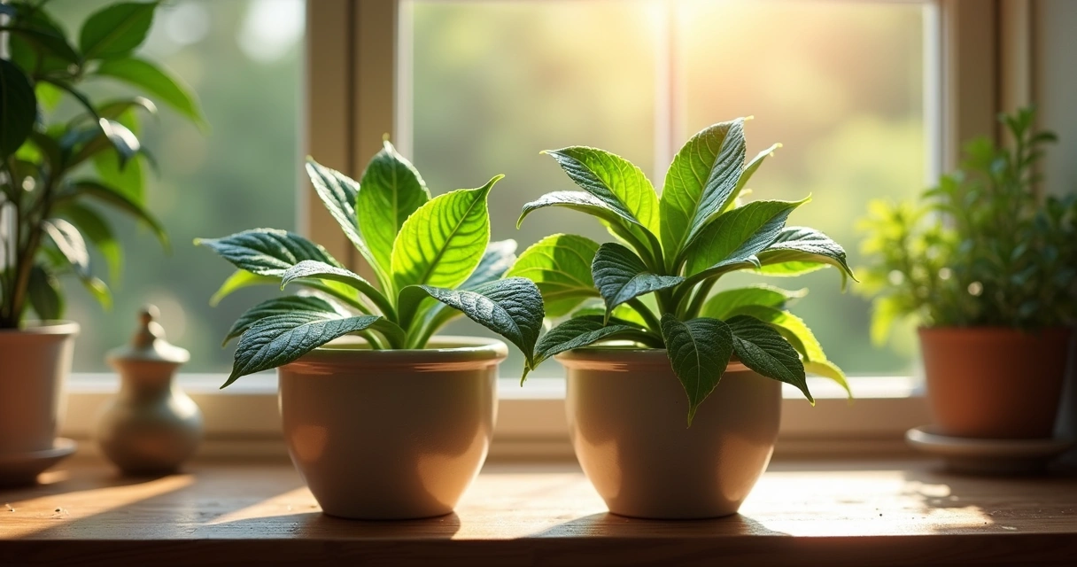 Vasos com plantas de arruda e guiné em um jardim caseiro com luz natural
