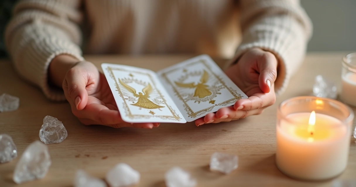 Mãos femininas segurando cartas de anjo abertas sobre uma mesa de madeira clara com velas acesas e cristais ao redor, luz suave e ambiente tranquilo
