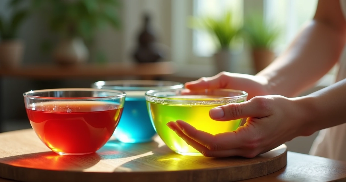 Mãos segurando tigelas com líquidos coloridos para cromoterapia em ambiente tranquilo