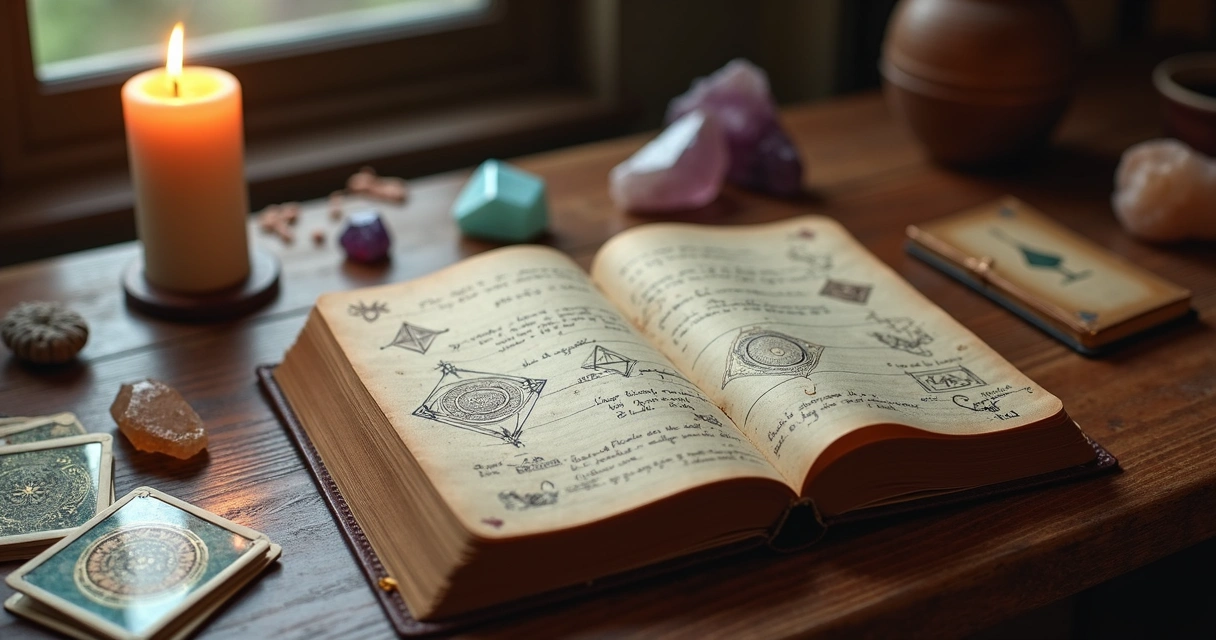 Diário esotérico aberto sobre mesa com anotações manuais, vela acesa ao lado, cristais variados e símbolos místicos ao redor