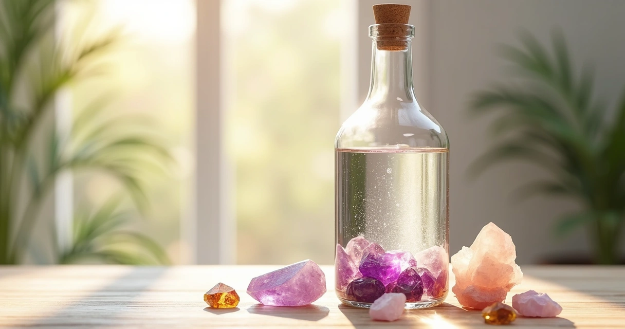 Frasco de vidro com elixir energético contendo cristais dentro, sobre superfície de madeira clara, com luz natural suave iluminando e cristais coloridos ao redor