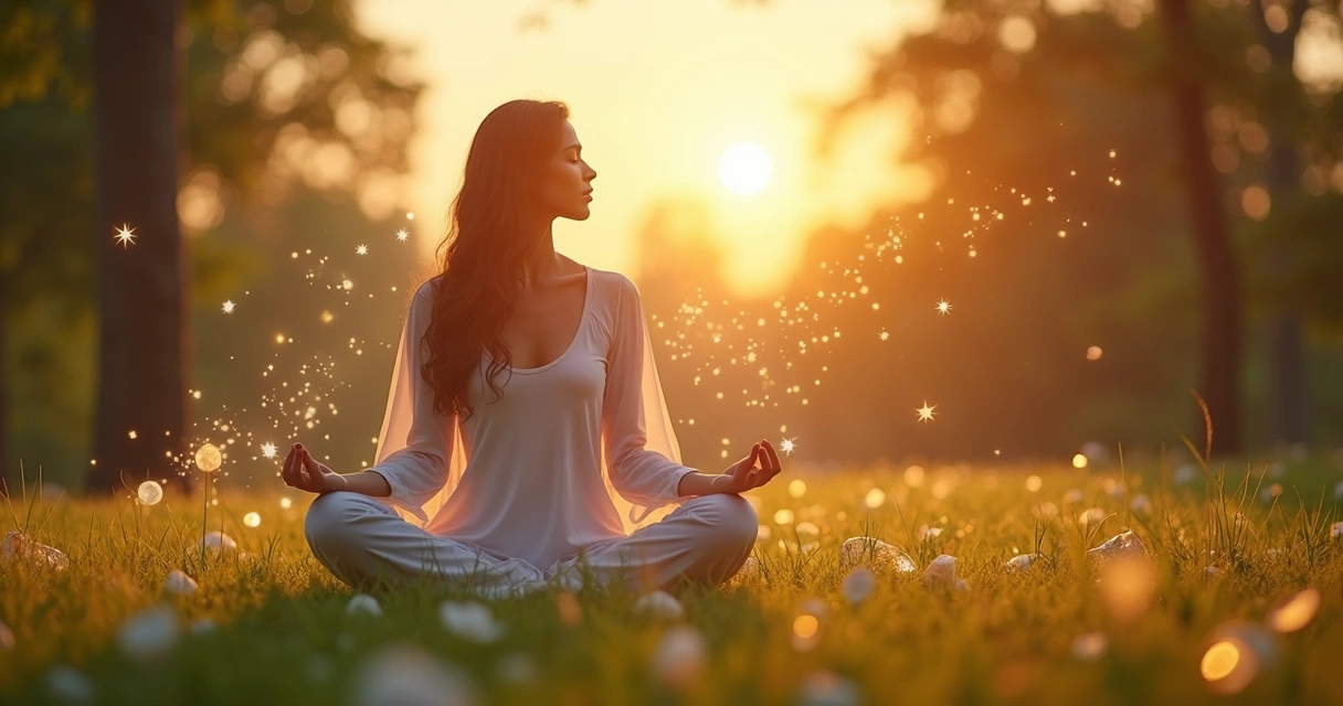 Mulher meditando ao ar livre com elementos místicos ao redor, como luz suave, cristais e símbolos esotéricos