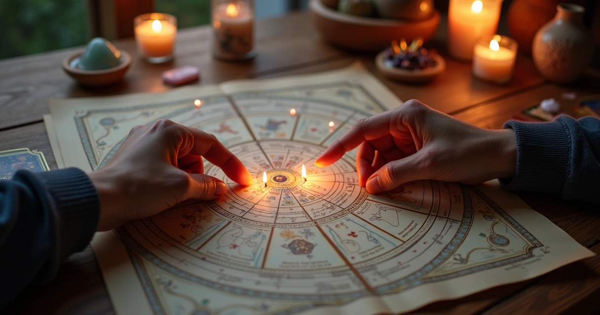 Mapa astral de casal com símbolos zodiacais e linhas de conexão energética e amorosa entre os signos