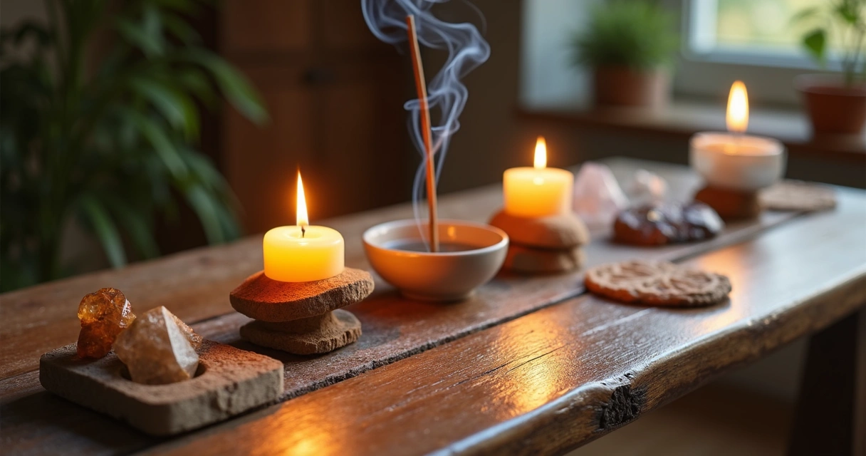 Mesa preparada com objetos representando os quatro elementos: vela, recipiente com água, incenso e cristais sobre fundo de madeira