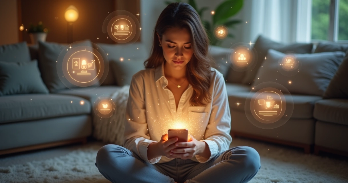 Mulher sentada com energia protetora ao redor enquanto usa smartphone e tela com notícias e redes sociais ao fundo