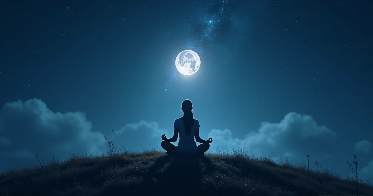 Mulher meditando em meio a um céu estrelado com símbolos astrológicos ao redor