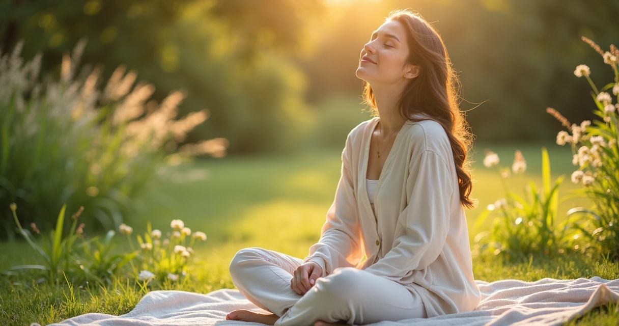 Mulher relaxando ao ar livre durante o ciclo menstrual com luz suave e ambiente natural calmo