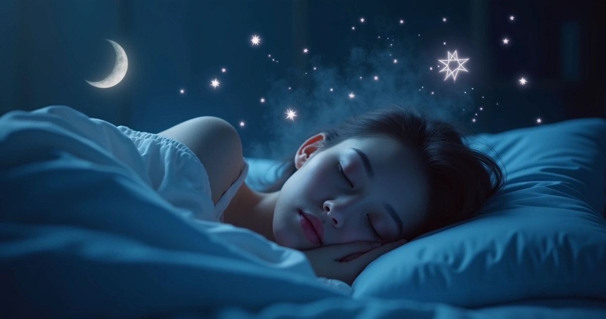 Mulher deitada dormindo com expressão serena em ambiente escuro e detalhes oníricos ao redor