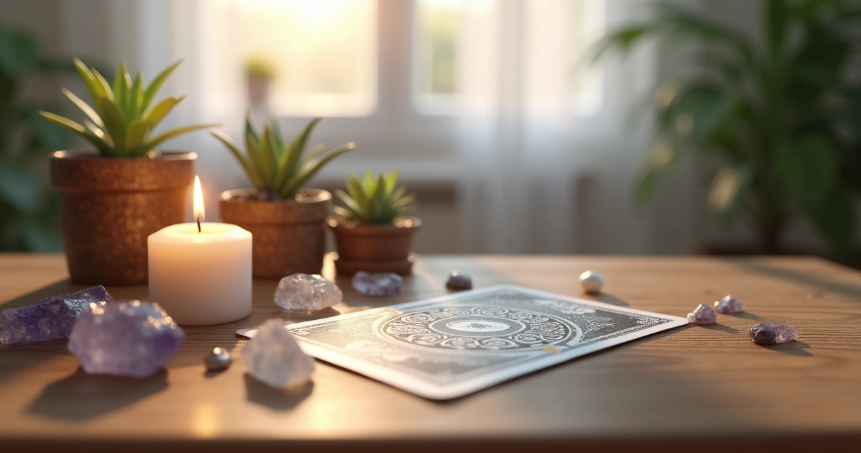 Mesa com objetos espirituais do dia a dia como vela acesa, cristais, cartas de tarot e plantas em ambiente iluminado naturalmente