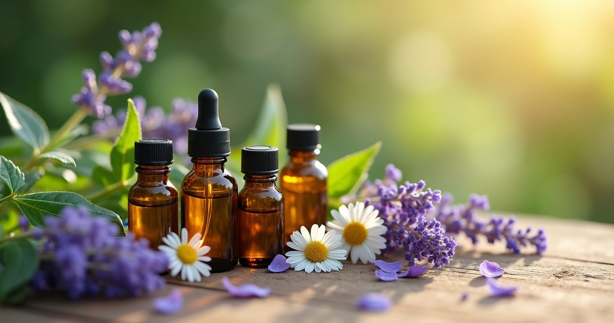 Frascos de óleos essenciais sobre madeira com flores e folhas ao redor