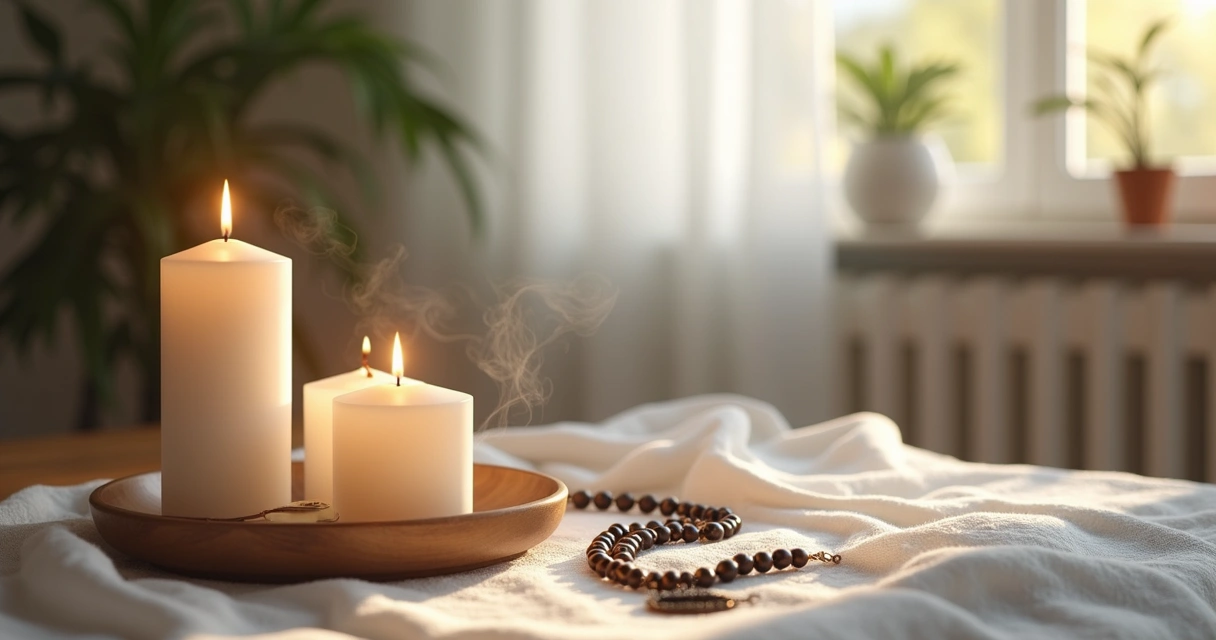 Mesa com velas acesas, incenso fumegante e um terço sobre um tecido branco em ambiente doméstico iluminado suavemente