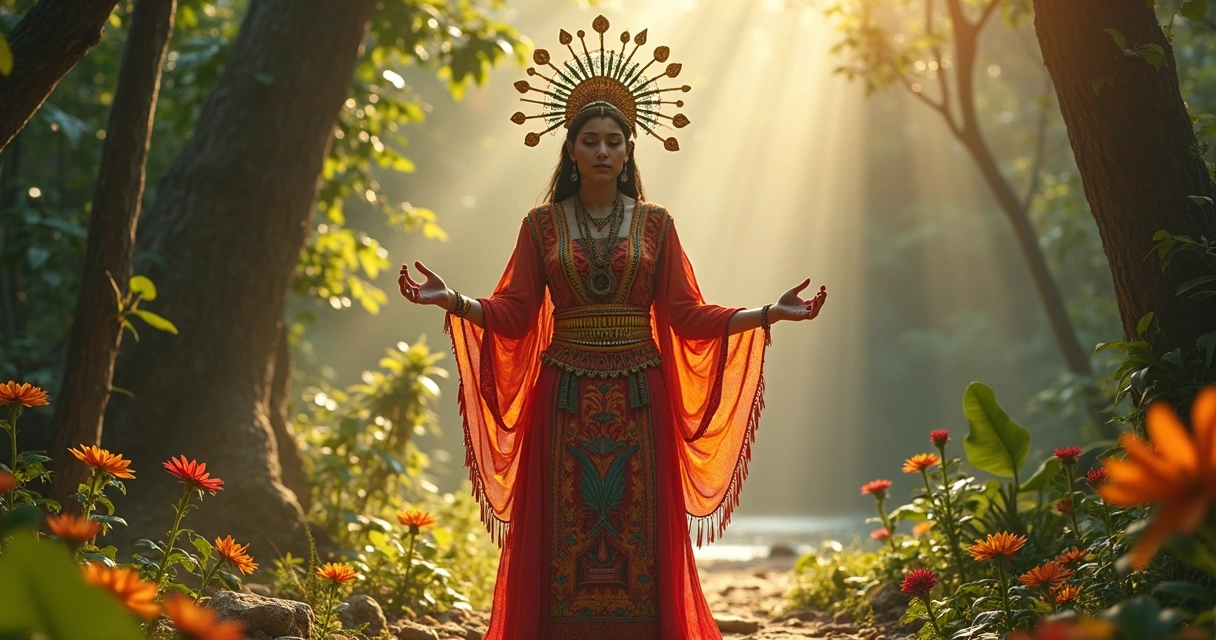 Mulher vestida com roupas tradicionais coloridas em ritual com elementos da natureza e símbolos dos orixás femininos ao redor