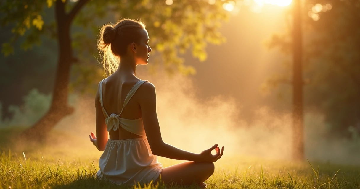 Pessoa meditando em ambiente tranquilo com luz suave e energia espiritual fluindo ao redor
