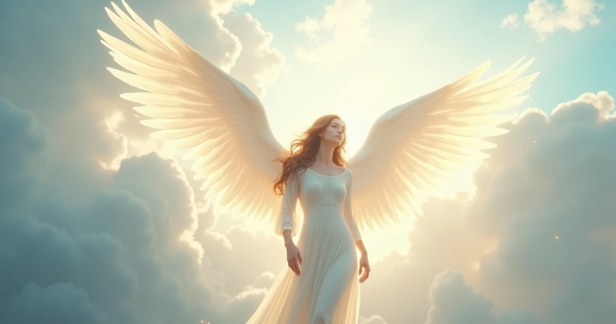 Anjo luminoso com asas abertas emitindo luz branca em ambiente etéreo e celestial