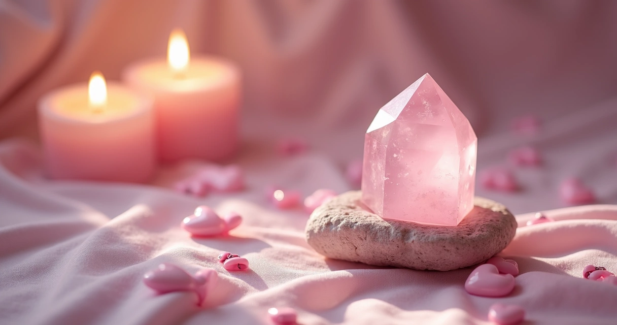 Quartzo rosa polido sobre tecido rosa com pequenos corações e velas acesas ao fundo
