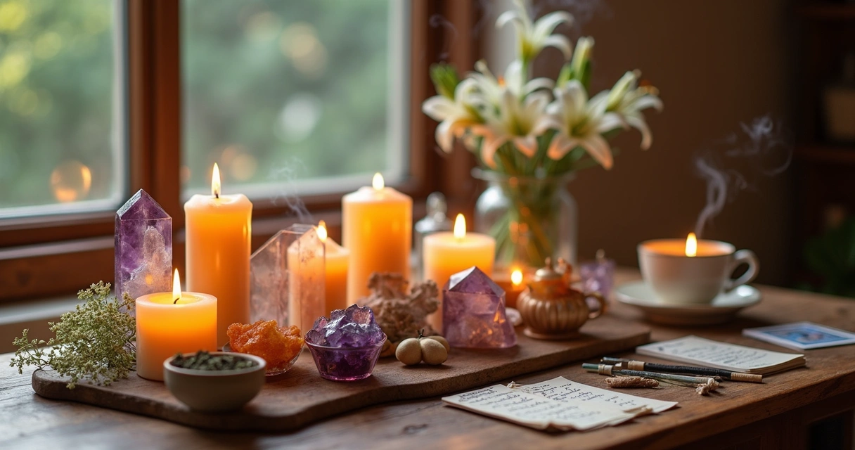 Mesa com velas acesas, cristais coloridos, flores e objetos espirituais organizados para ritual de gratidão
