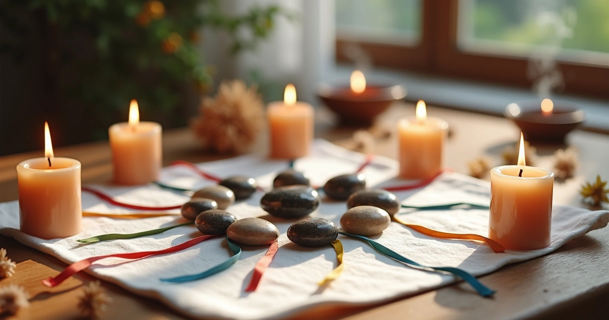 Velas acesas e pedras sobre tecido branco com fitas coloridas em ambiente calmo