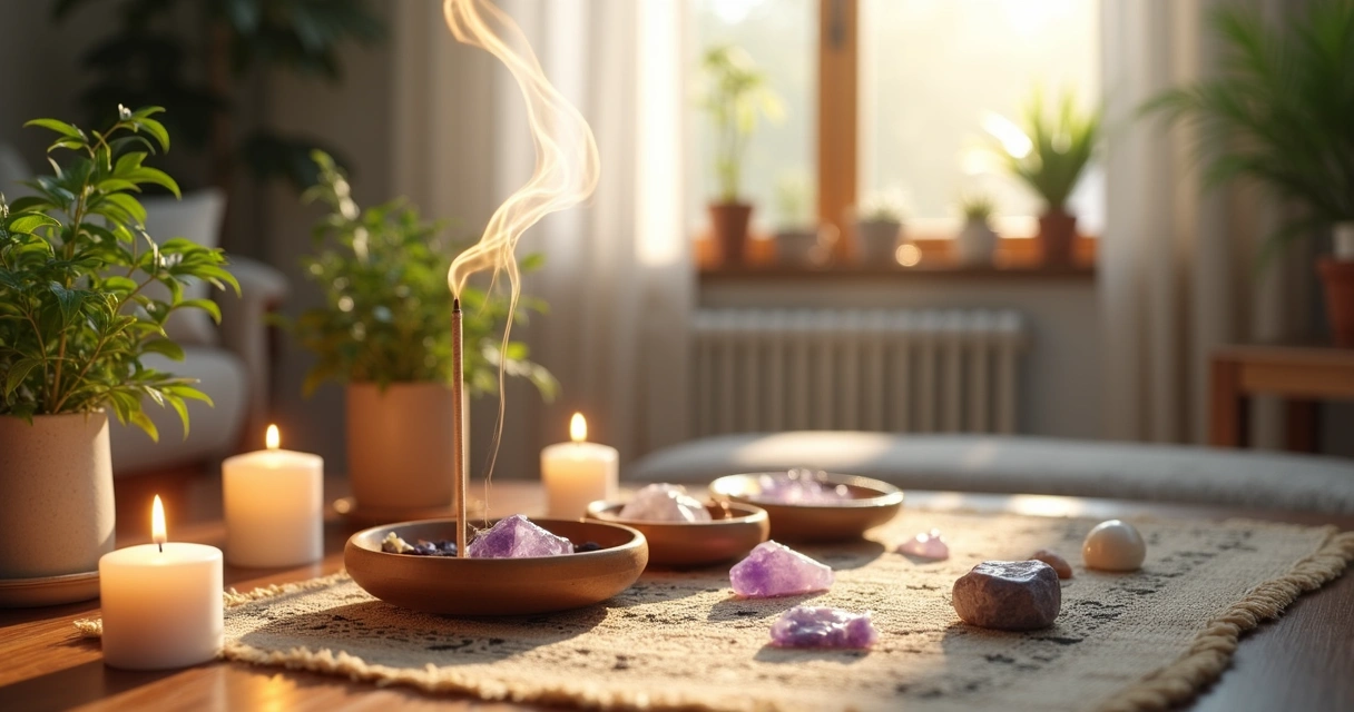 Ambiente doméstico organizado com elementos para limpeza energética como incenso aceso, cristais e plantas