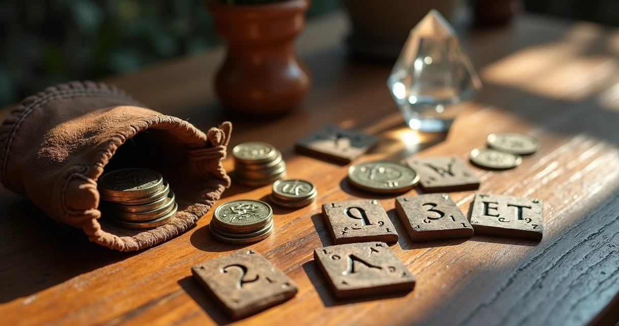 Runas gravadas, moedas antigas e pêndulo de cristal sobre mesa de madeira com iluminação suave