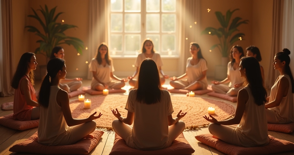 Sessão de apometria com grupo de pessoas em círculo em ambiente calmo e iluminado