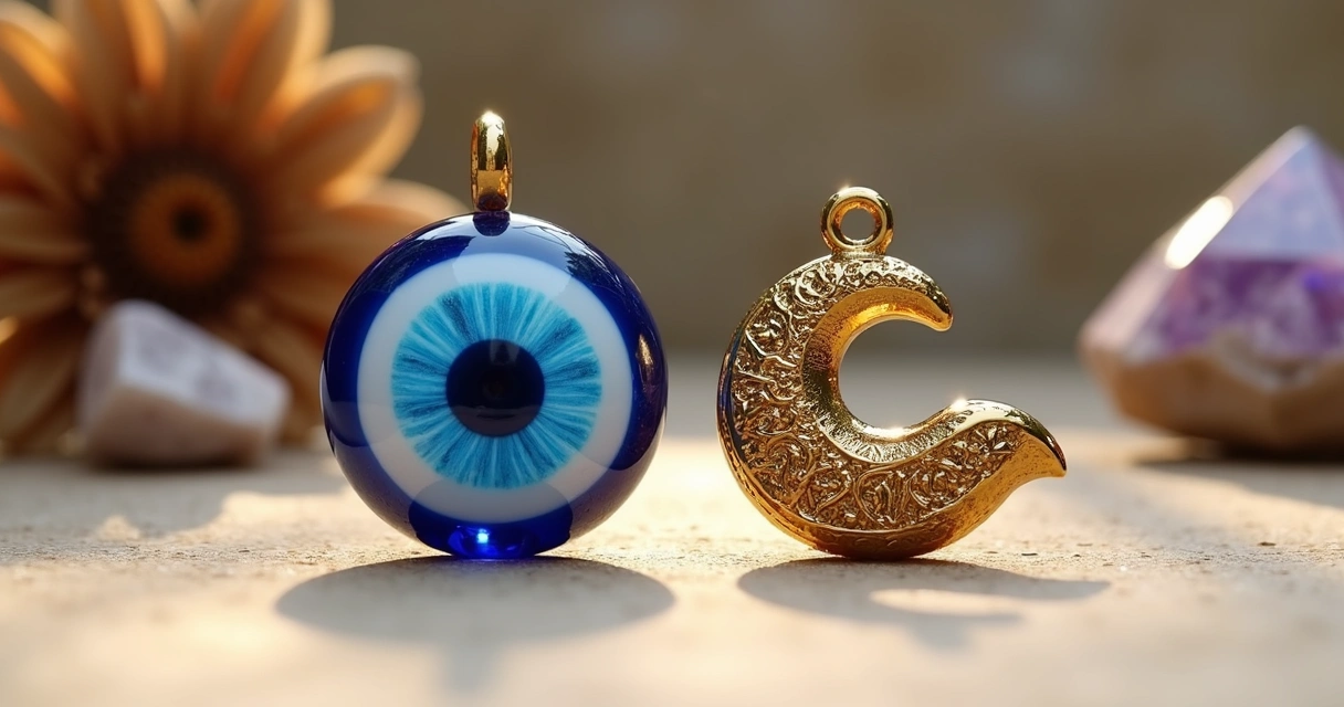 Símbolos de proteção olho-grego e hamsá em fundo neutro com luz suave e detalhes dourados