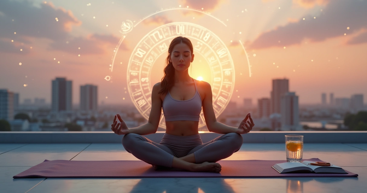 Mulher meditando ao ar livre com constelações brilhando no céu ao fundo