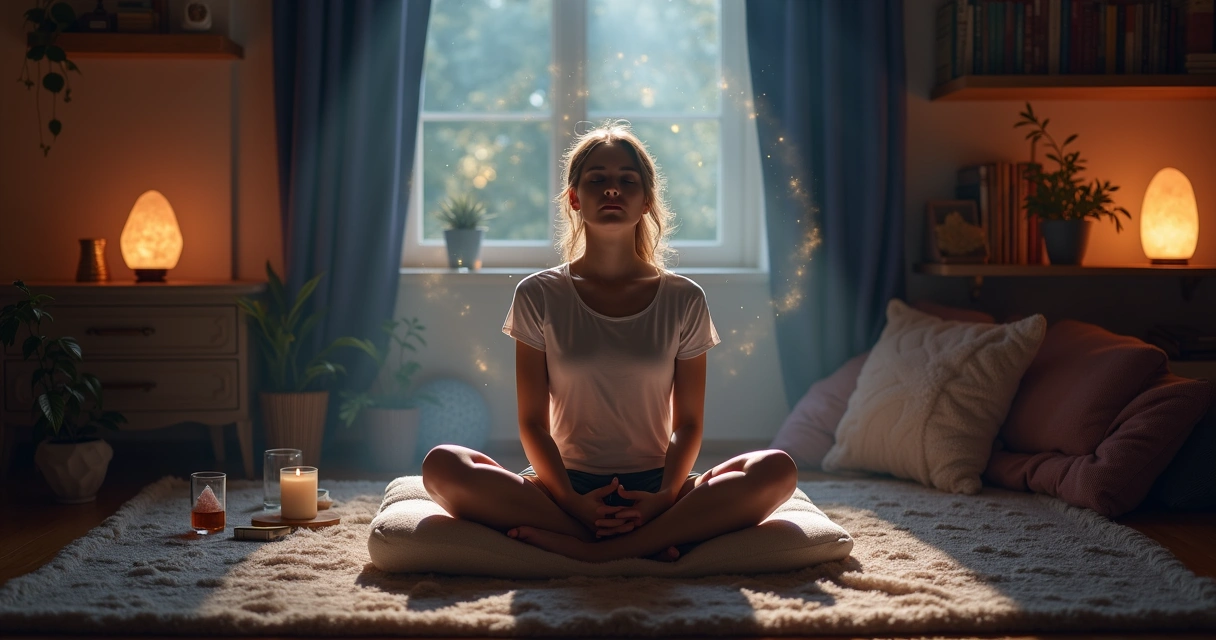 Mulher meditando em ambiente místico com luz suave e proteção energética ao redor