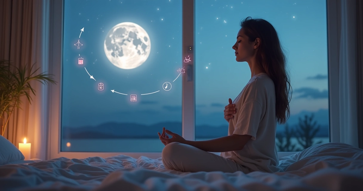 Mulher meditando ao luar com ilustrações do ciclo menstrual