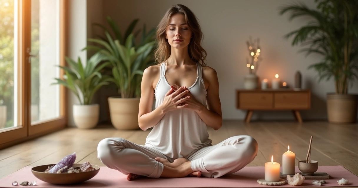 Mulher meditando em posição de lótus cercada por elementos holísticos de autocuidado