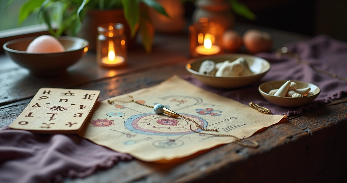 Mesa mística com oráculos diferentes organizados em ambiente acolhedor