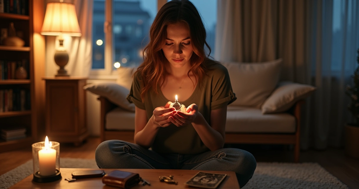 Mulher segurando um objeto antigo nas mãos praticando psicometria em casa
