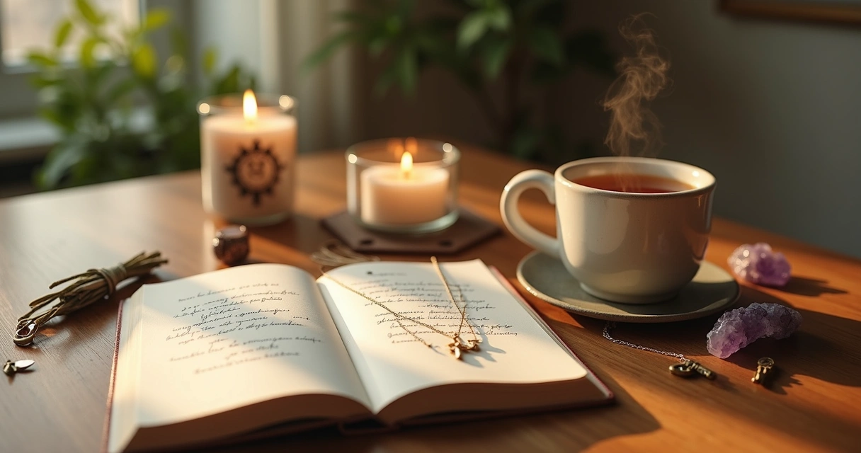 Mesa com objetos pessoais usados como âncoras energéticas em ambiente espiritual acolhedor