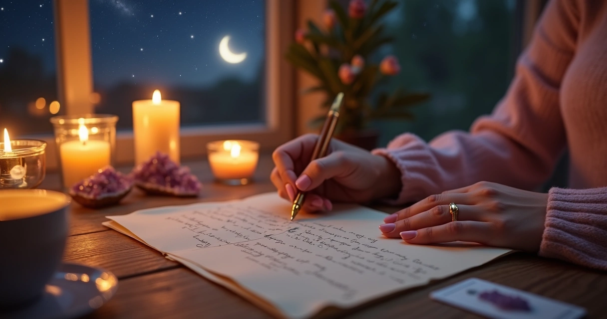 Mulher escrevendo carta de manifestação para o universo à luz de velas e cristais
