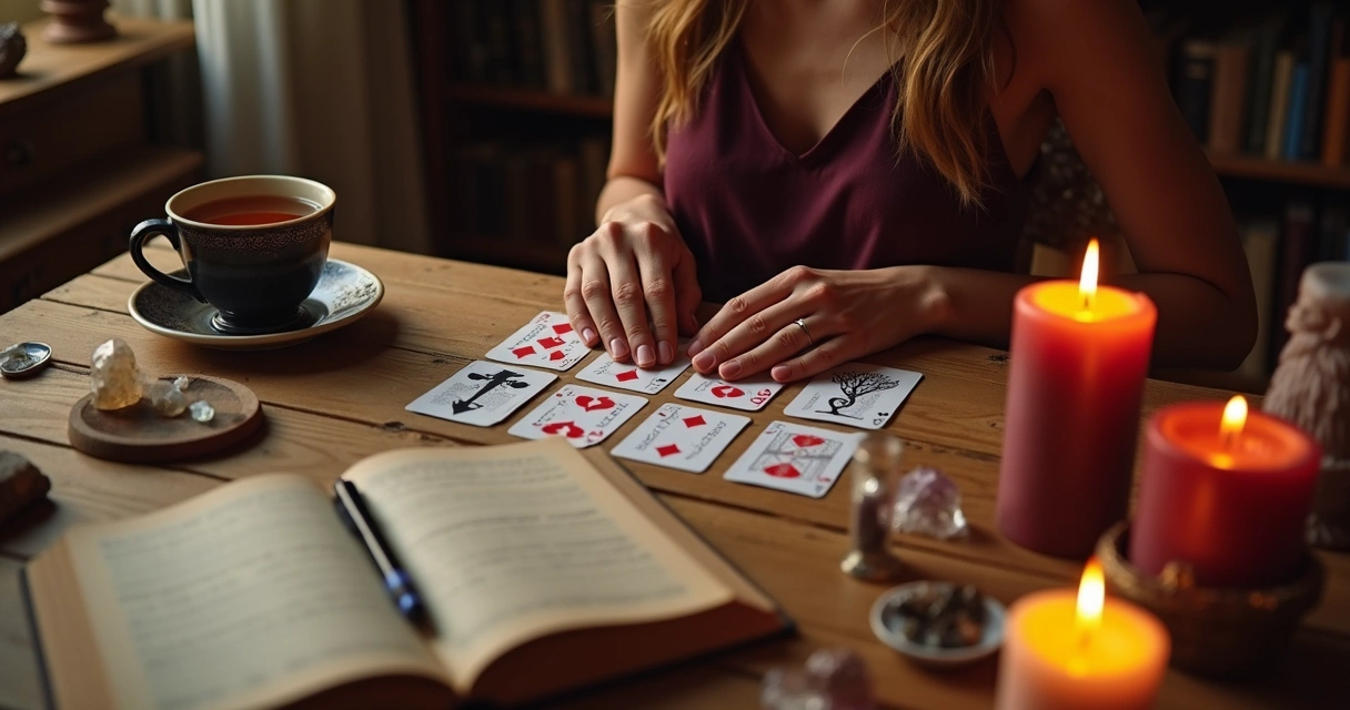 Mulher consultando cartas de baralho em mesa com velas e caderno de anotações