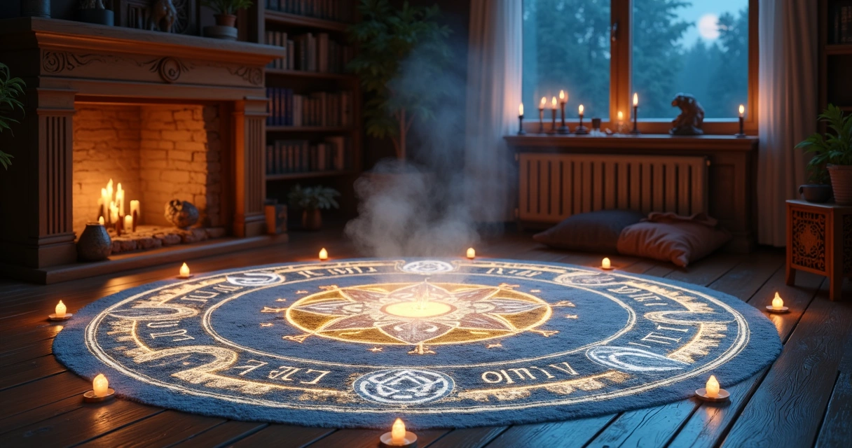 Círculo mágico brilhante protegendo uma sala com objetos místicos