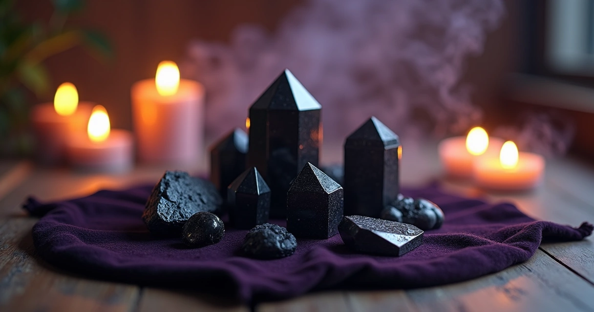 Cristais negros agrupados sobre tecido escuro com aura de proteção energética