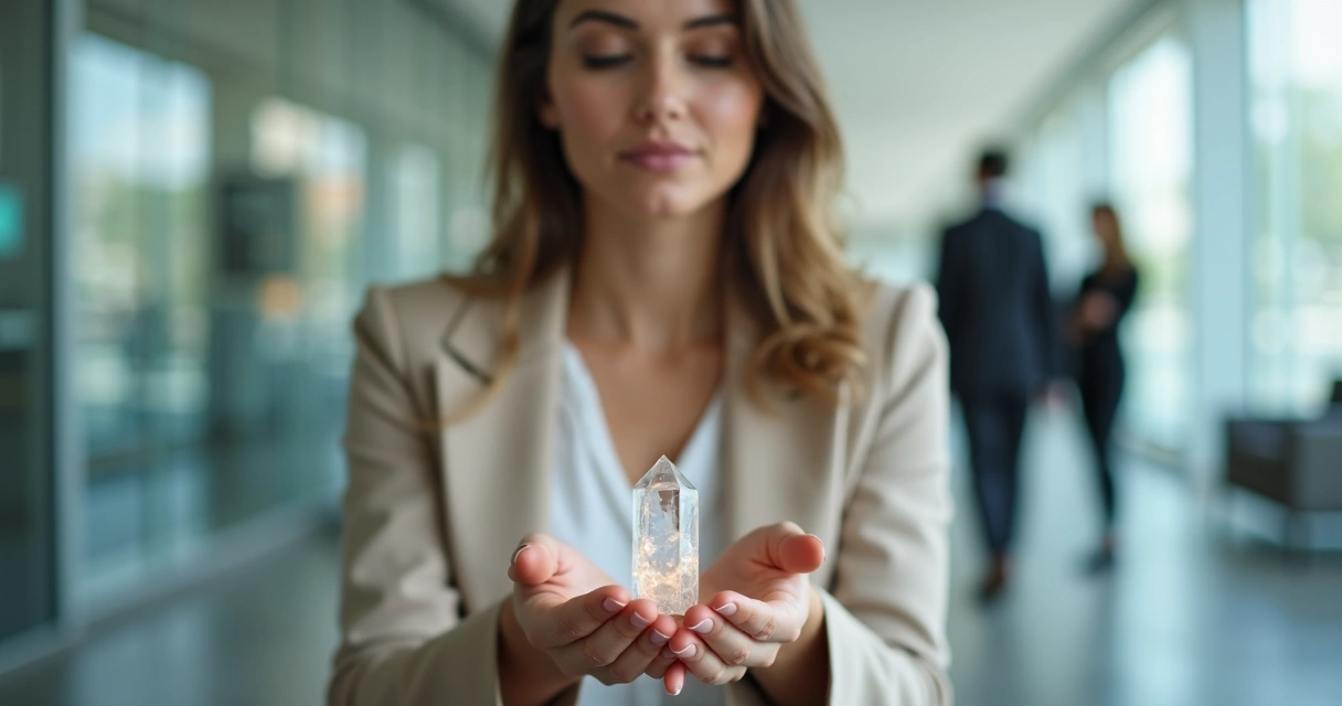 Mulher segura cristal nas mãos antes de entrevista de emprego