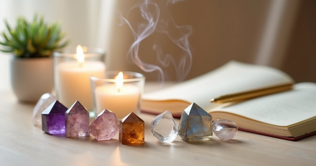 Cristais coloridos sobre altar com vela e caderno de anotações