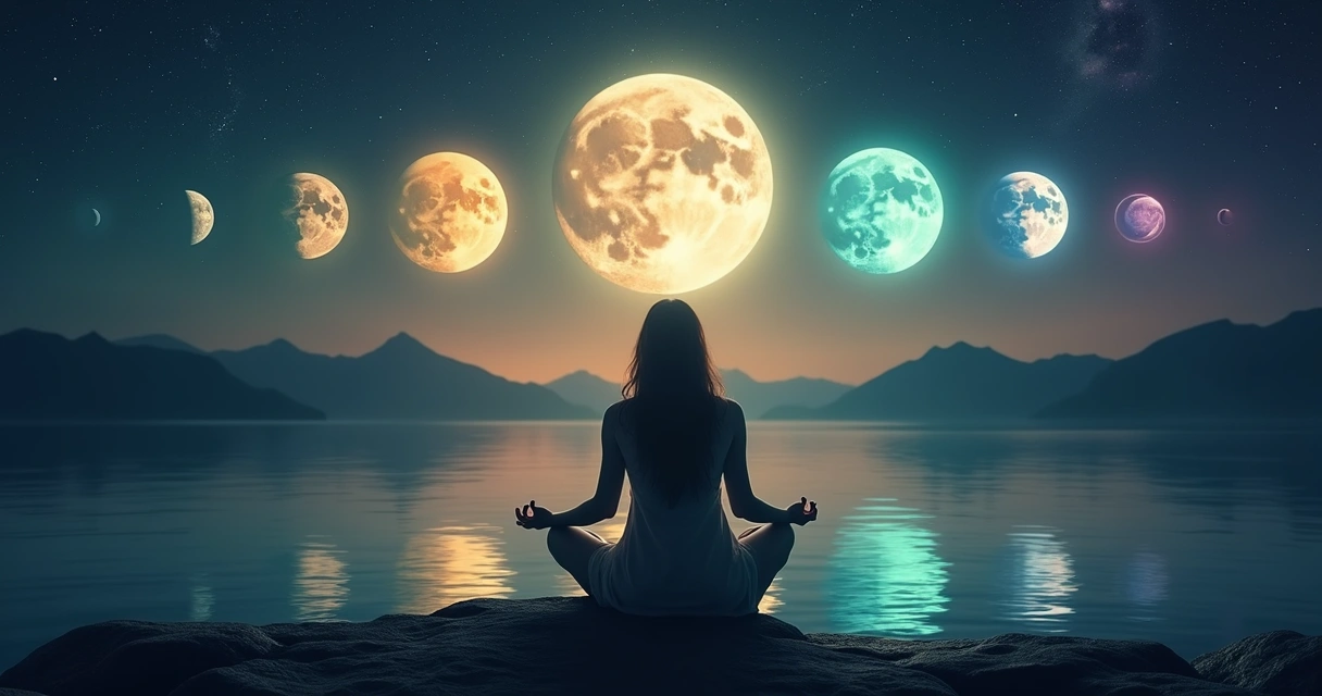 Mulher meditando em frente às fases da Lua cercada por luzes coloridas de cromoterapia