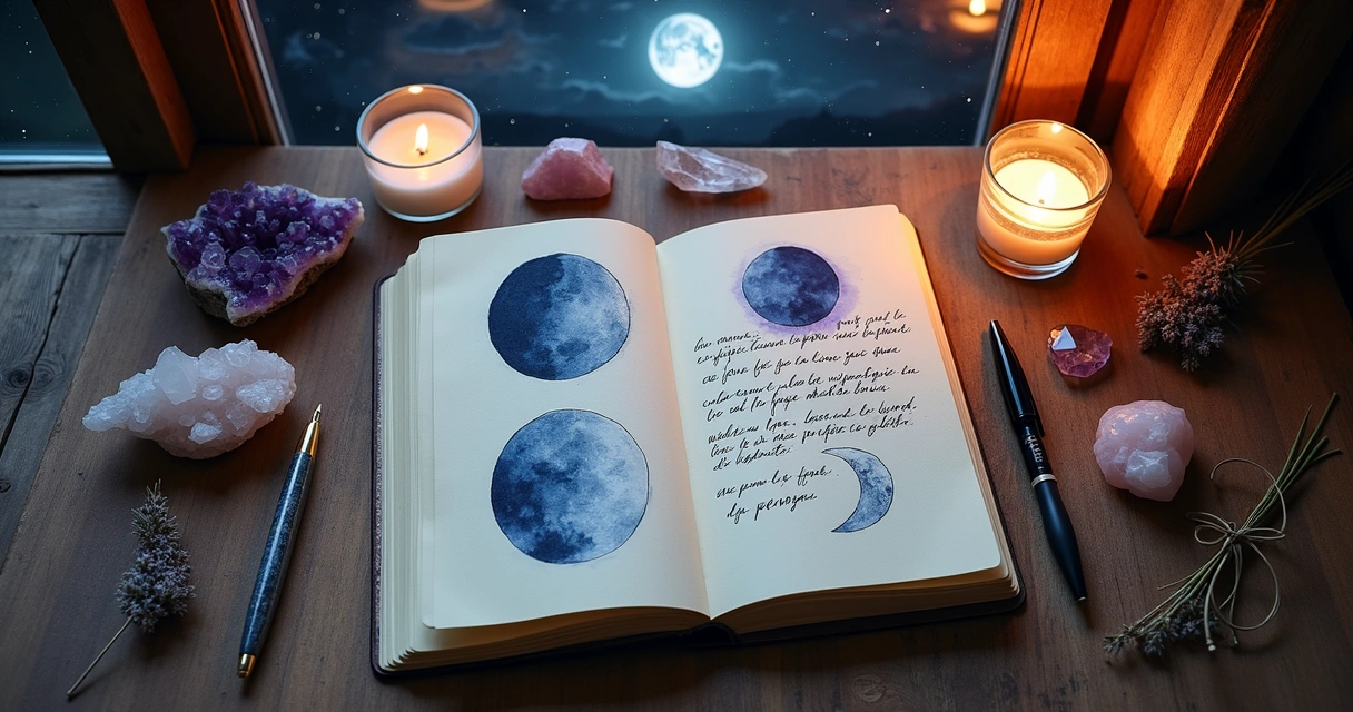 Diário lunar ilustrado aberto com fases da lua e cristais sobre uma mesa de madeira