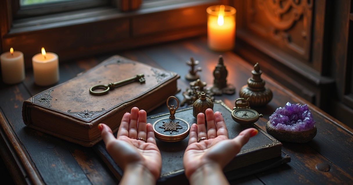 Mesa com objetos antigos irradiando energia sutil em ambiente místico