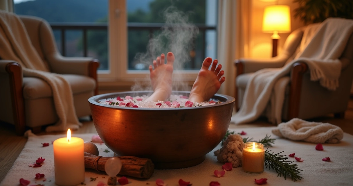 Mulher relaxando com escalda-pés energético em uma noite de domingo