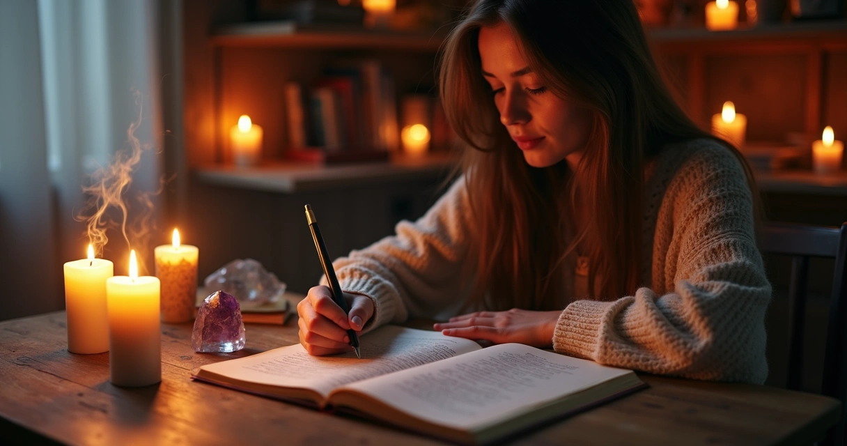 Mulher escrevendo em caderno à luz de velas com clima místico e espiritual