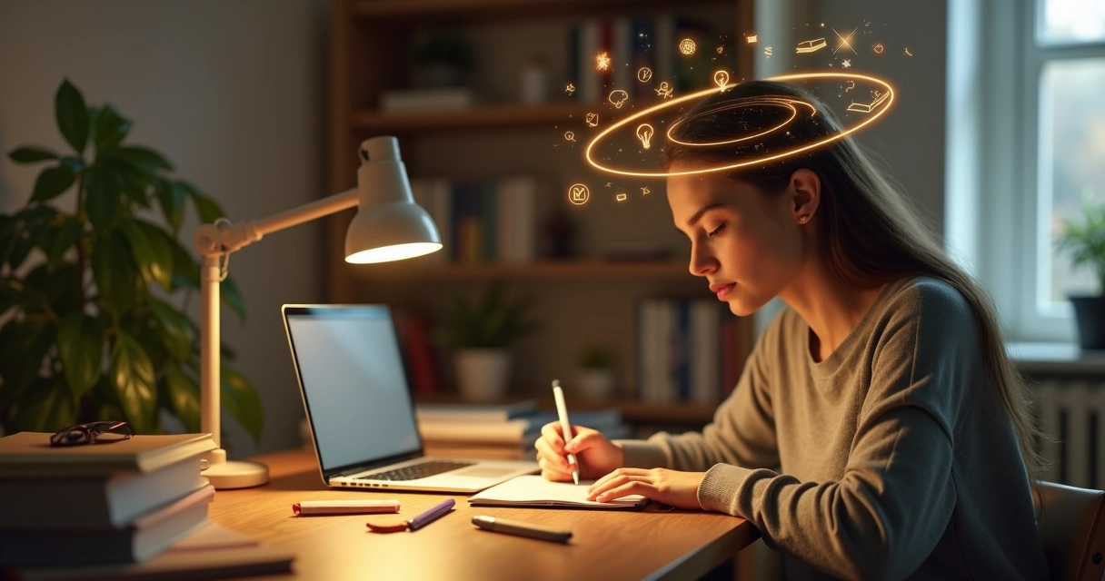 Jovem estudando com olhos fechados e luz dourada ao redor da cabeça