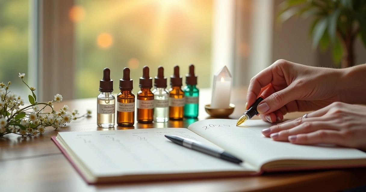 Mulher escolhe frascos de florais vibracionais coloridos sobre mesa com agenda do ano novo