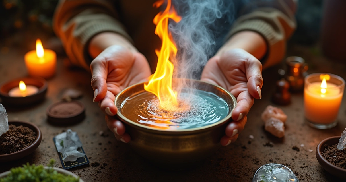 Mãos femininas manipulando fogo, ar, água e terra em um altar esotérico