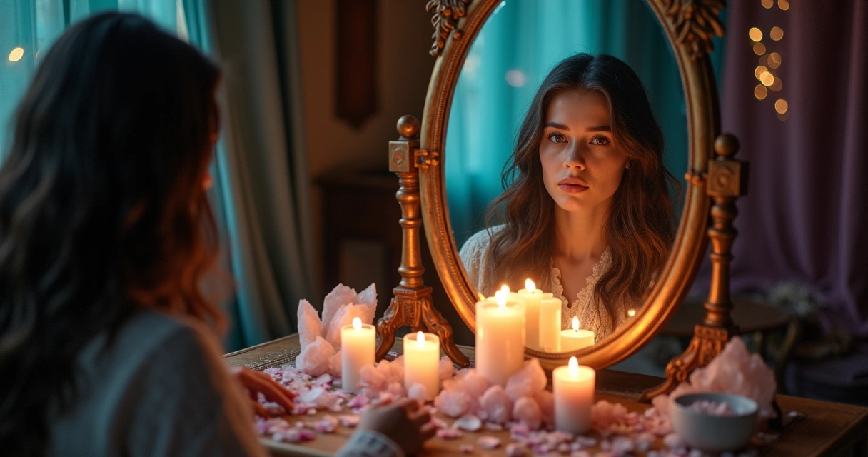 Mulher diante de espelho com velas e cristais em ritual de magia para proteção e amor