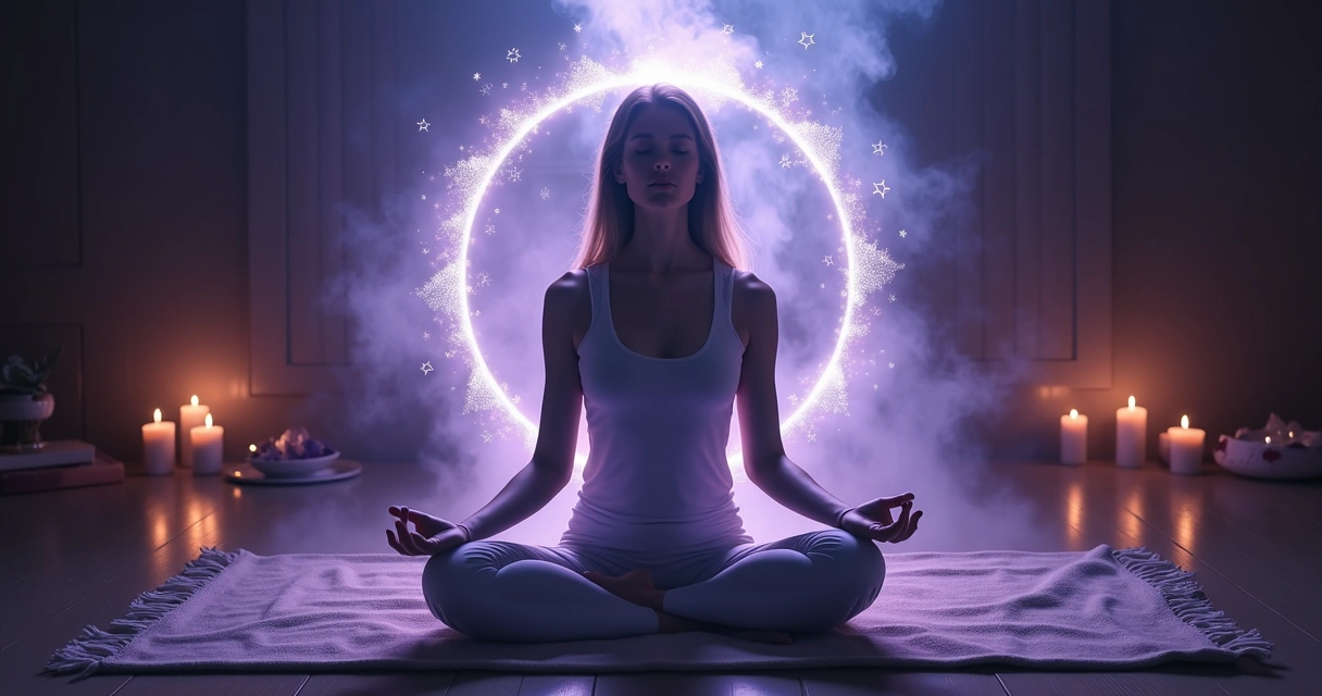 Mulher meditando em posição de lótus cercada por luz violeta e símbolos espirituais sutis